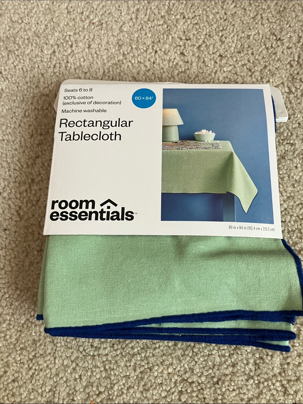 Room Essentials Light Green Rectangular Tablecloth with Blue Trim